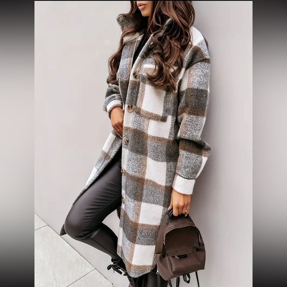 207. Plaid Print Shacket Jacket,Button Front Long Sleeve Mid Length - Picture 2 of 10